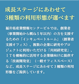 成長ステージにあわせて3種類の利用形態が選べます／福井県産業情報センタービルでは、創業者（事業開始から概ね5年以内）の方を支援するための「インキュベートルーム」（創業者支援オフィス）、複数の企業に研究やプロジェクトに利用いただける「共同研究室」、ITを積極的に活用する企業様向けに提供する「技術開発室」（一般オフィススペース）など、成長ステージにあわせて3種類の形態の貸しオフィス（貸し事務所）をご提供しています。